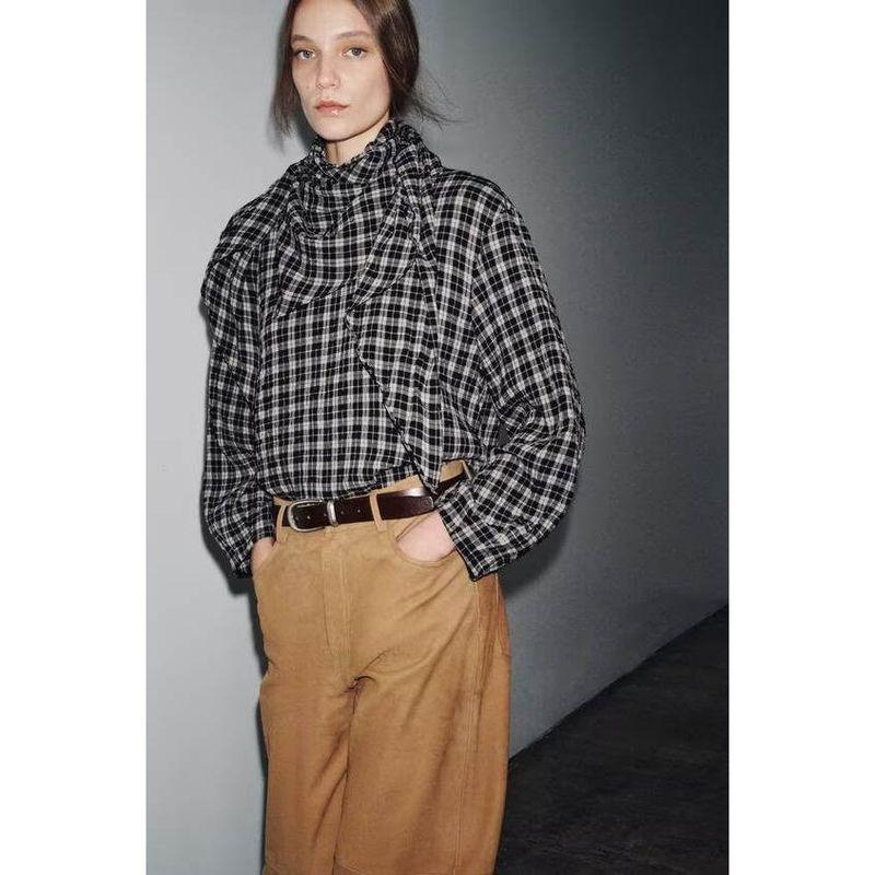 Za Autumn New Women's Clothing Zr European and American Style Fashionable Checkered Multifunctional Headscarf Shirt 8800240 809