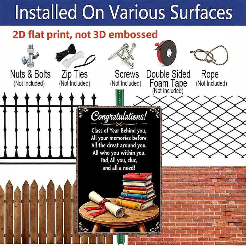 2D Flat Vintage Aluminium Metal Graduation Congratulations Sign - 8x12 Inch Class of Year Behind You Poem with Diploma & Books Design - Black