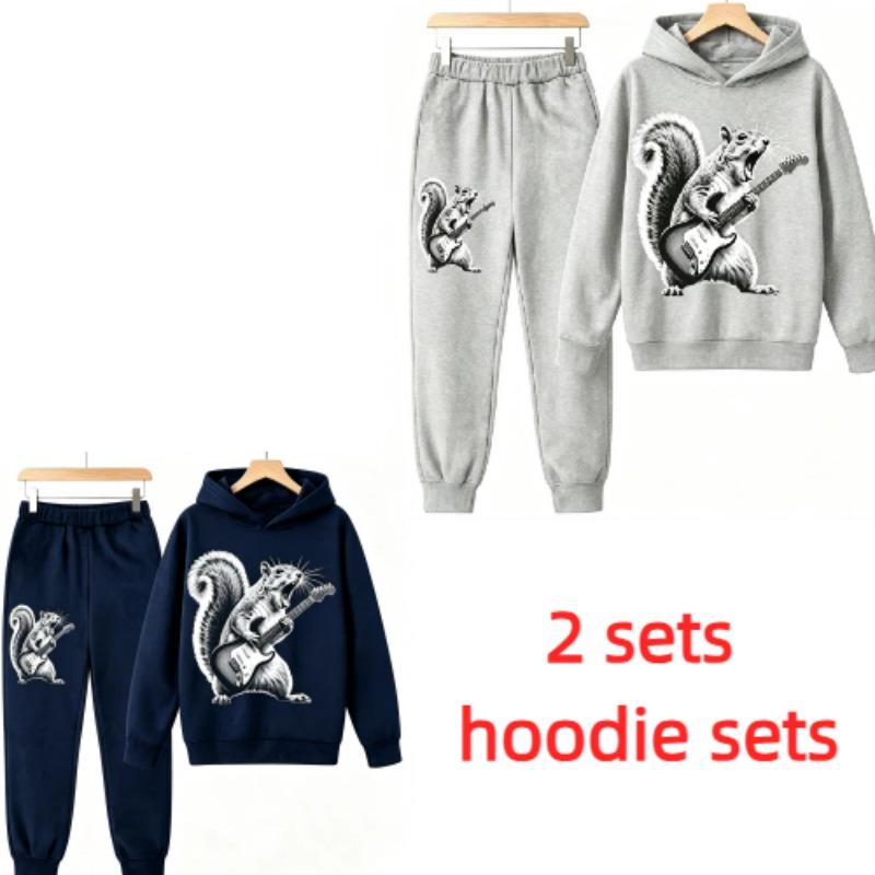 Fashion Rock Squirrel Guitar Player Animal Squirrel Print Kids Pullovers Pants 2-piece Set Street Casual Fashion Hoodies Vintage Boy's Girl Clothes