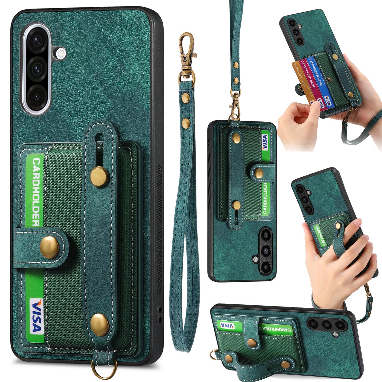 

Для Samsung Galaxy A56 5G Ретро PU шкіряна задня кришка з тримачем для карток і підставкою-браслетом на зап ясті E