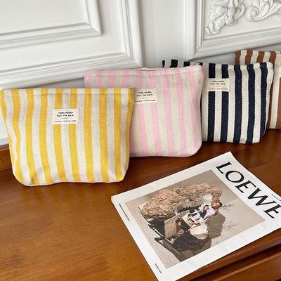 Large Capacity Fresh Striped Women's Toiletry Bag - Portable, Simple Handheld Cosmetic Organizer