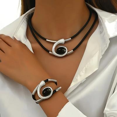 Vintage Double Layer Black Rope Design Oval Pendant Necklace Bracelet Set