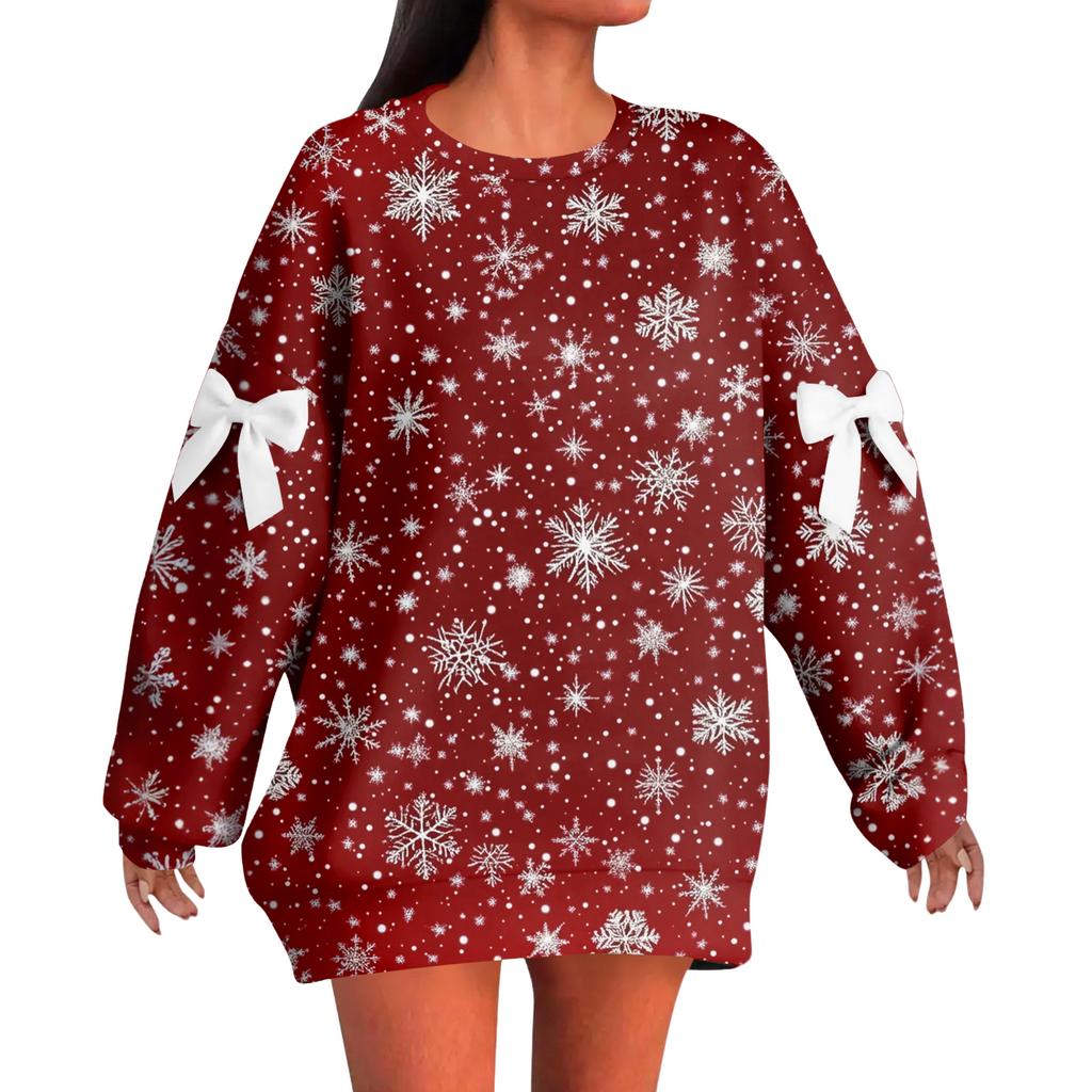 Ladies' Christmas Printed Bow Round Neck Long Sleeved Loose Pullover Sweater Sweatshirt Top