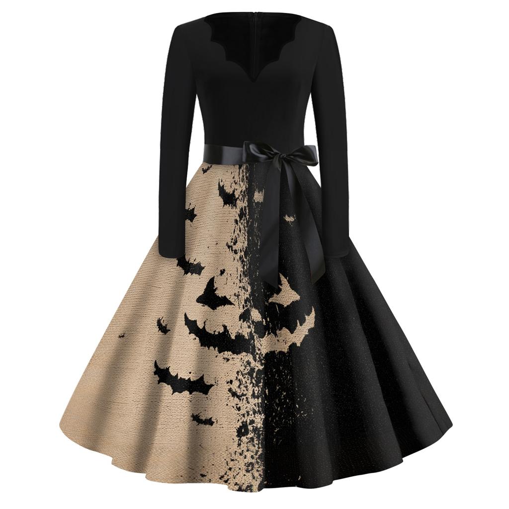 Women Casual Vintage V Neck Dress Halloween Printed Long Sleeve Retro Swing Dress with Waist Tie Belt for Daily Wear