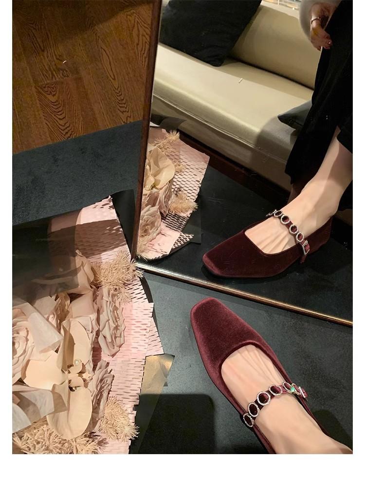 Sheepskin Version~ Genuine Leather French Square Head Light Mouth High Heels One-word Diamond Belt Low Heel Suede Mary Jane Single Shoes Ladyshoes
