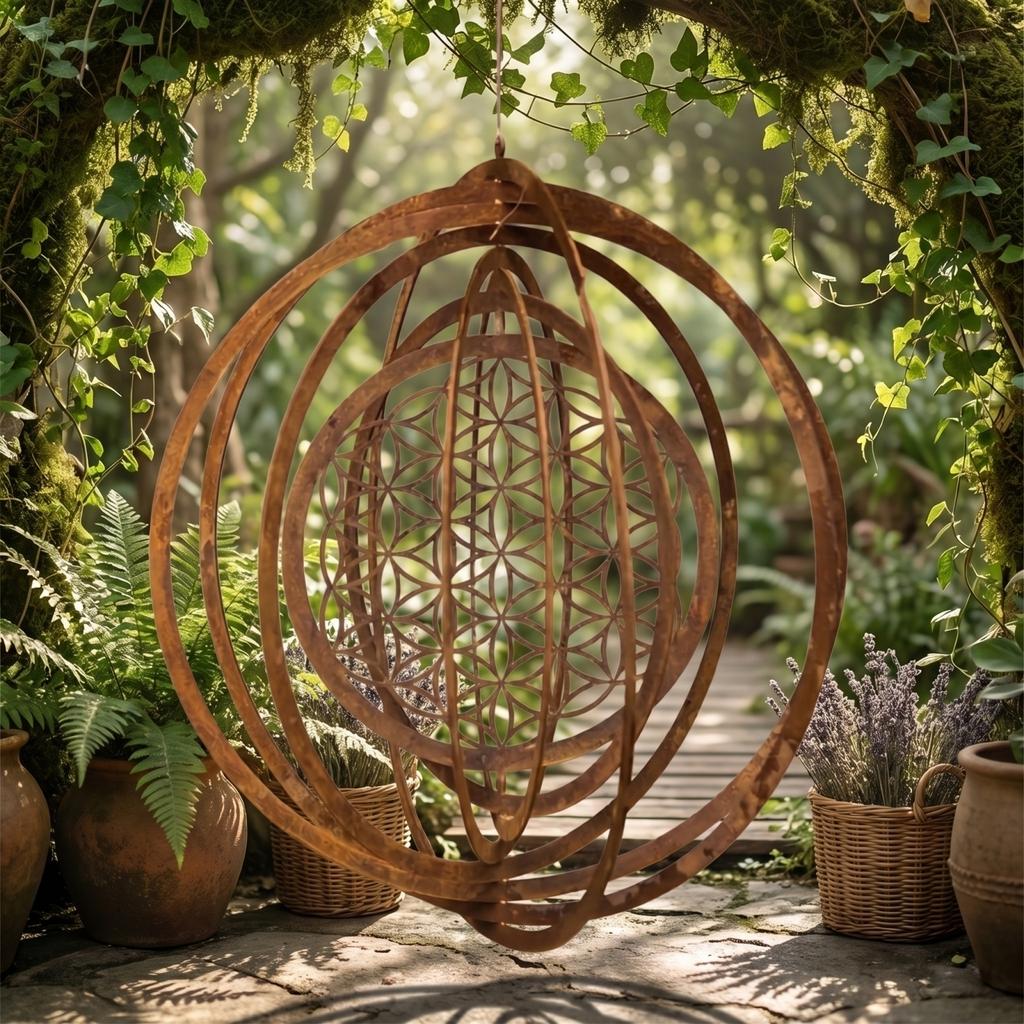 Iron Colored Wind Turbine 3D Rotating Circular Hollow Wind Vane Wind Chime Hanging Ornament