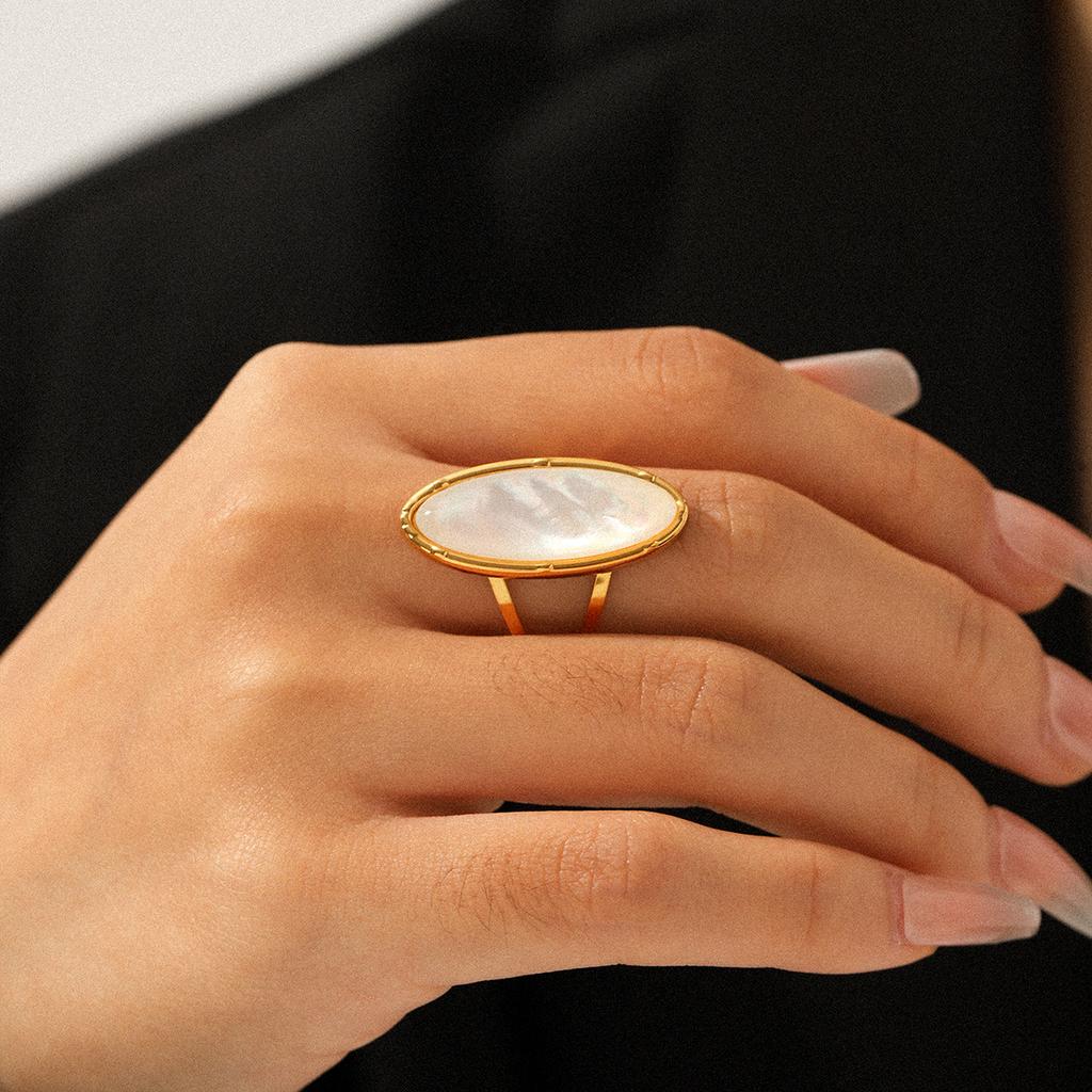 European and American Hand Jewelry Oval Natural White Shell Stainless Steel Ring Women's Non-fading Open Ring Versatile