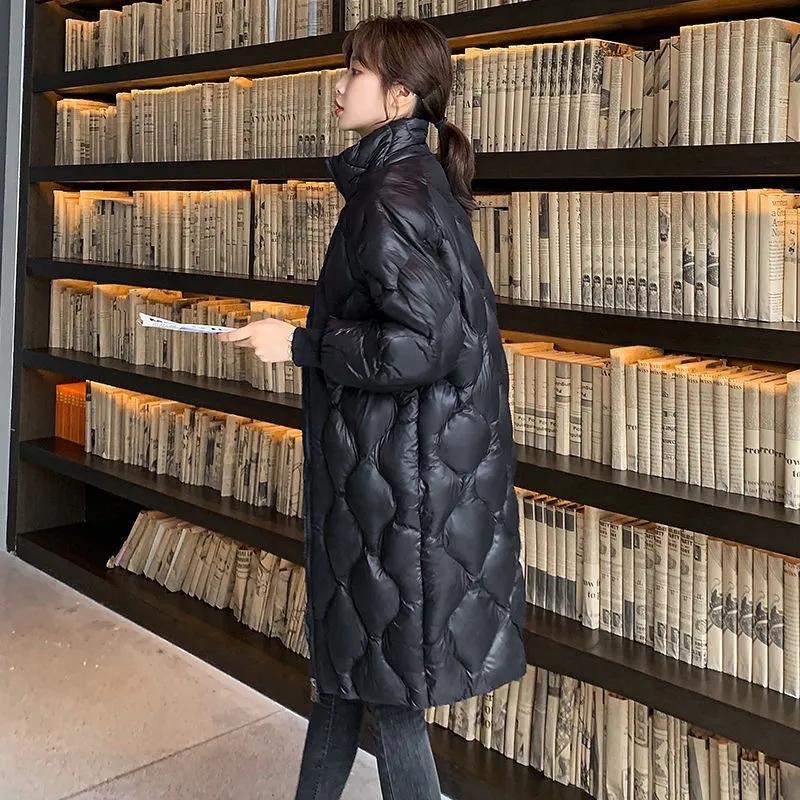 Down Padded Jacket Women's Mid-length Stand-up Collar Winter Korean Version Shiny Over-the-knee Padded Jacket Large Size Loose Solid Color Coats