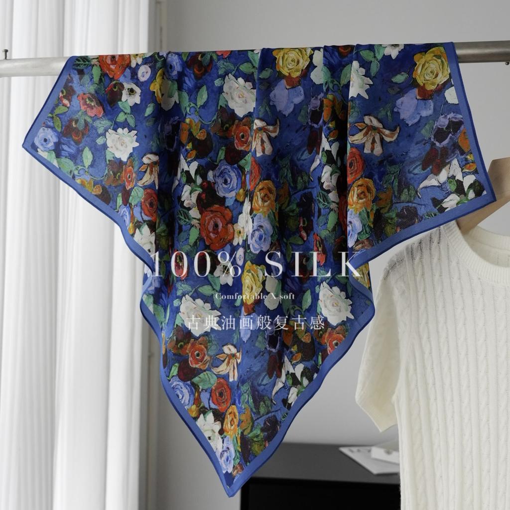 Vintage oil painting 111 mulberry silk double crepe silk scarf women's light luxury blue scarf scarf scarf square scarf