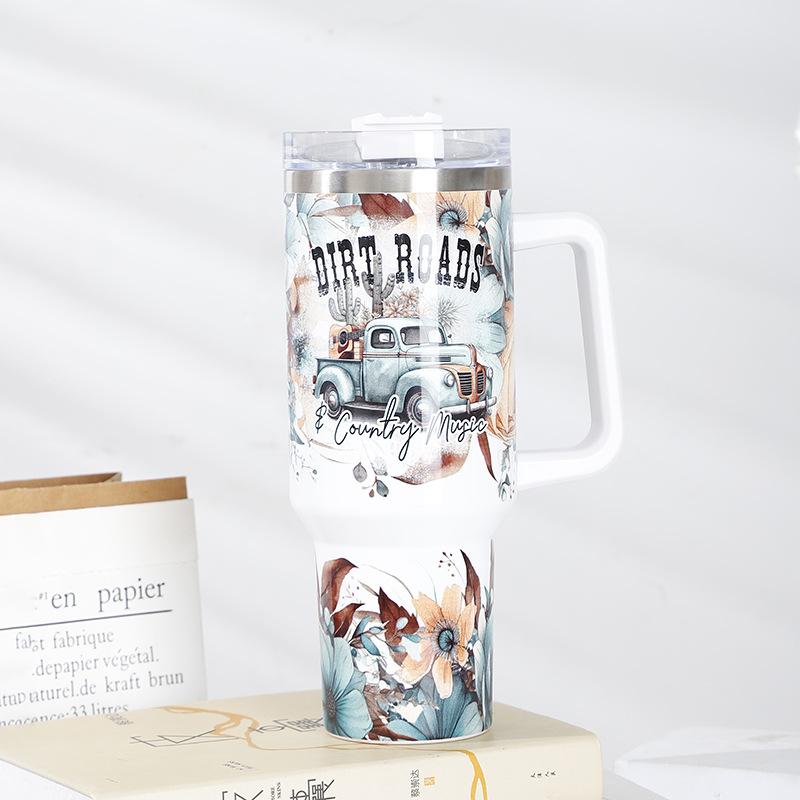 Large Capacity Ice Cup 40Oz Printed Handle Water Cup 1200Ml Sports Water Bottle Thick Plastic-Sprayed Thermos Cup