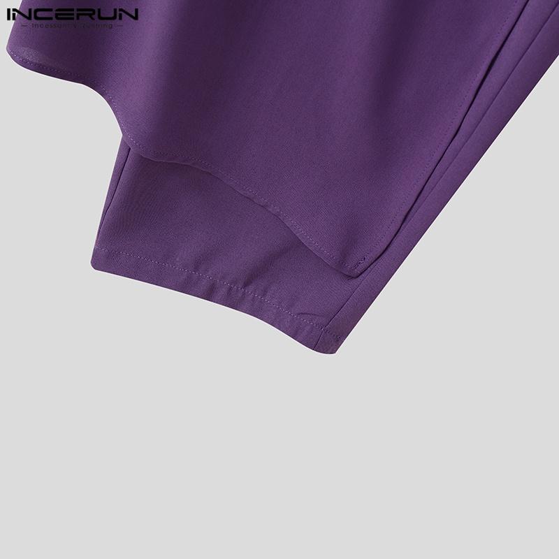 INCERUN Men Elastic Waist Layers Solid Color Casual Loose Long Trousers Pants