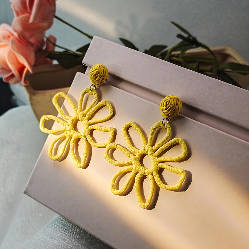 Summer Beach Holiday Wind Earrings For Women Colorful Handmade Raffia Hollow Flower Earrings  Jewelry