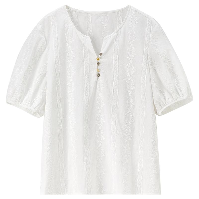 Women s V-Neck Short Sleeve Resort Style Cotton Blouse L
