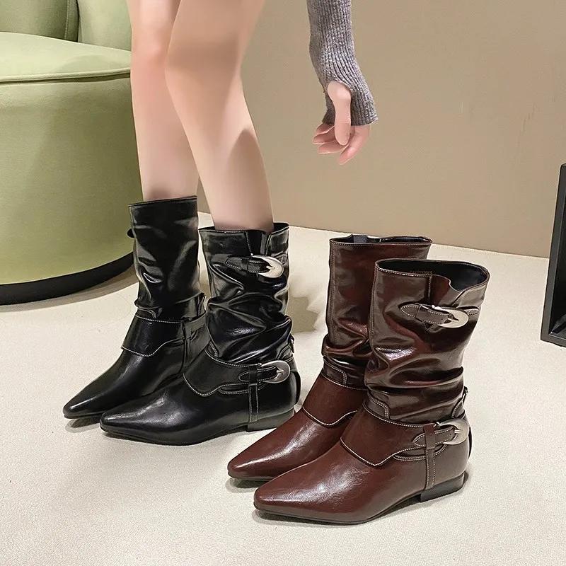 Fashion Shoes for Women 2024 Hot Sale Slip-on Women's Boots Fashion Metal Decoration Modern Boots Women Sexy Pointed Toe Mid-Calf Boots