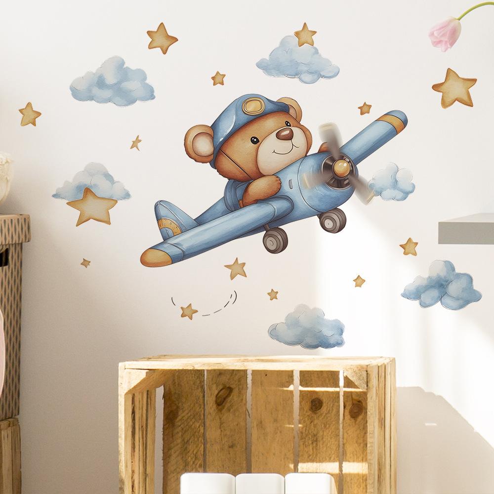 Cartoon Bear Flying Plane Stars Clouds Bedroom Living Room Home Background Beautification Decoration Wall Stickers