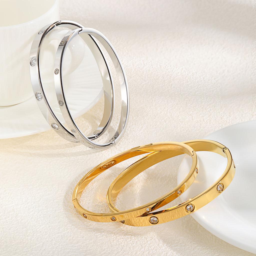 Cubic Zirconia Love Friendship Bracelets,6mm 4mm Women Bangles with CZ Stones, 18K Gold Plated Stainless Steel Jewelry