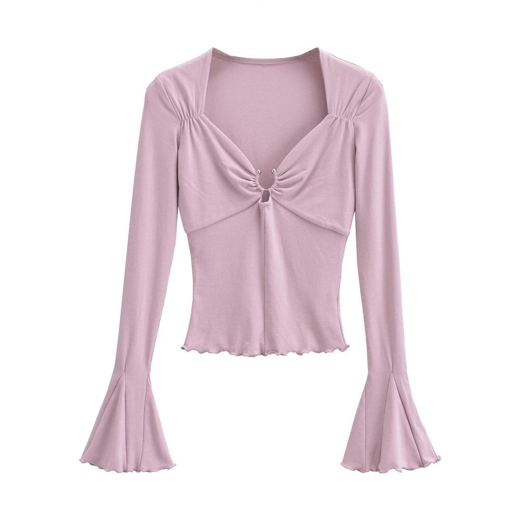 2023 Hot Girl Square Neck Metal Ring Hollow Long Sleeve Top - Sexy Clavicle Exposed Slim Fit Autumn Shirt with Flared Sleeves