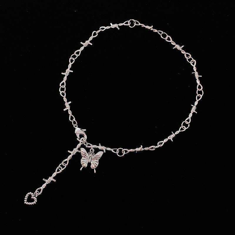 

Темно-сладкое крутое ожерелье-бабочка женское, античное серебро хип-хоп панк Harajuku винтажная цепочка с шипами на ключицу серебряный