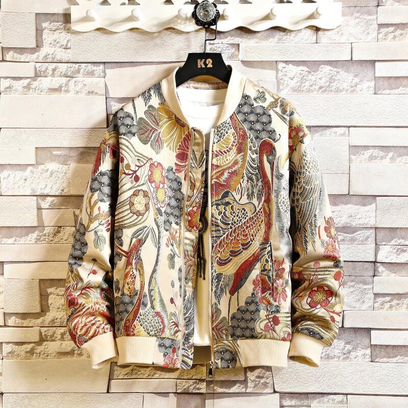 2026 Men Print Baseball Jacket Coats Men Embroidery Crane Jacket Chinese Style Optional Harajuku Bomber Jacket Men Oversize Outerwear