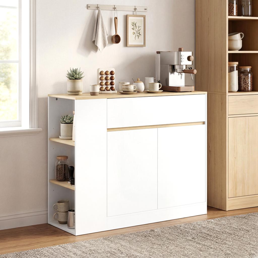 Sideboard, Large Cabinet Compartment, 3 Storage Compartments, Drawer, 106 x 30 x 81.2cm, White/Wood