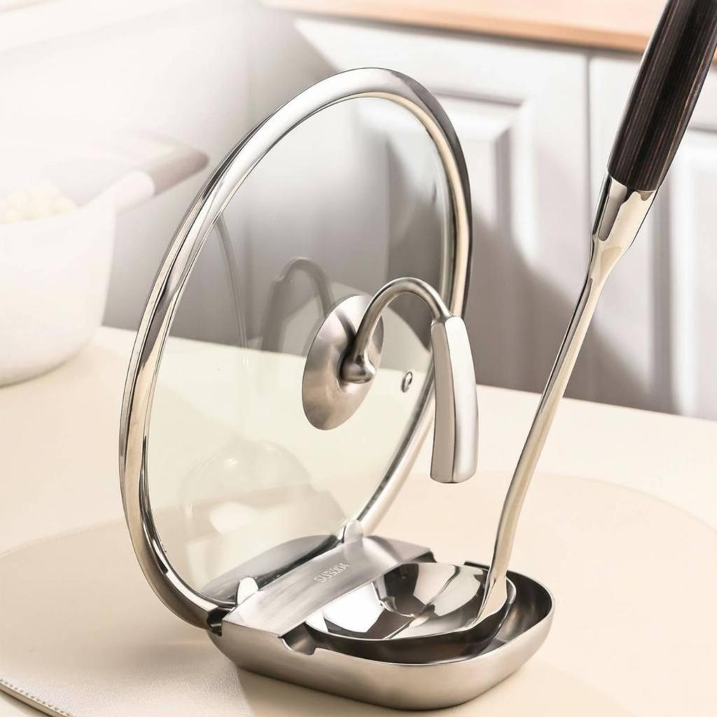 Pot Lid and Spoon Rest MultiFunctional Countertop Utensil Stand Space Saving Stainless Steel Ladle