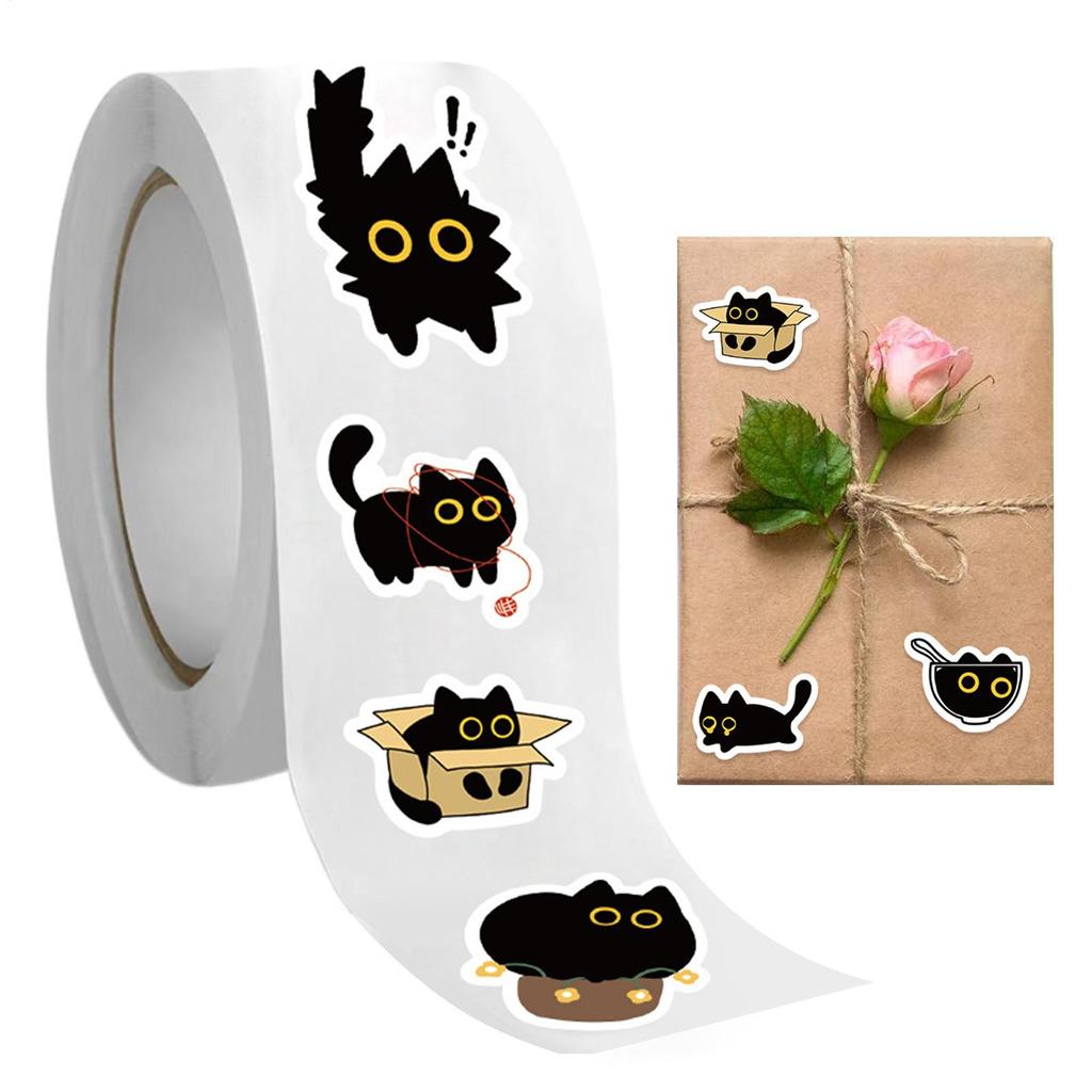 500pcs/roll Cartoon Black Cat Stickers Funny Black Kitten Laptop Stickers Cat Decals For Scrapbooking Journal Envelope Sealing