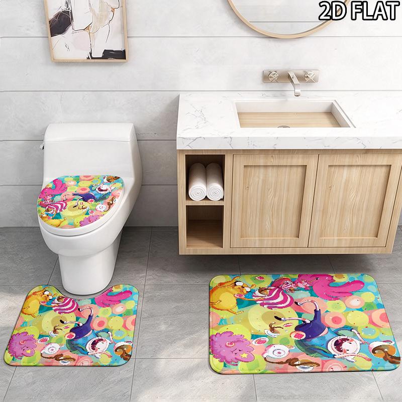 3pcs Adventure Time Pattern Flannel Nonslip Absorbent Washable Decorative Bathroom Home Toilet Seat Cover Mat