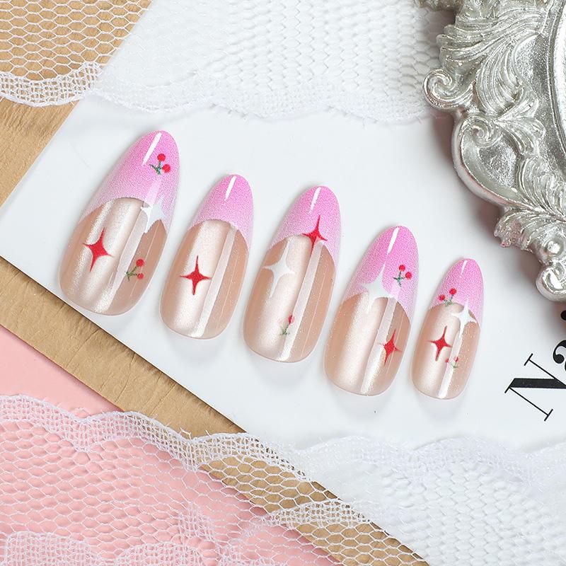 24 pcs Purple Almond French Tips: Star & Cherry Design Wearable Fake Nails