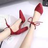 Spring and Summer New Shallow Women's Single Shoes Cross-strap Pointed Thick Heel High Heels Size Suede Women's Shoes