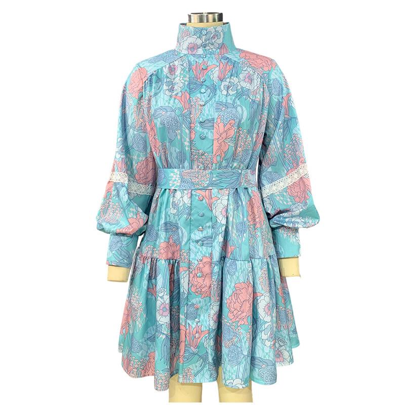 Woman Elegant Print Lace Up Dress Puff Sleeve High Waist Stand Collar Buttons Retro Dresses Autumn Fashion Party Mini Robe