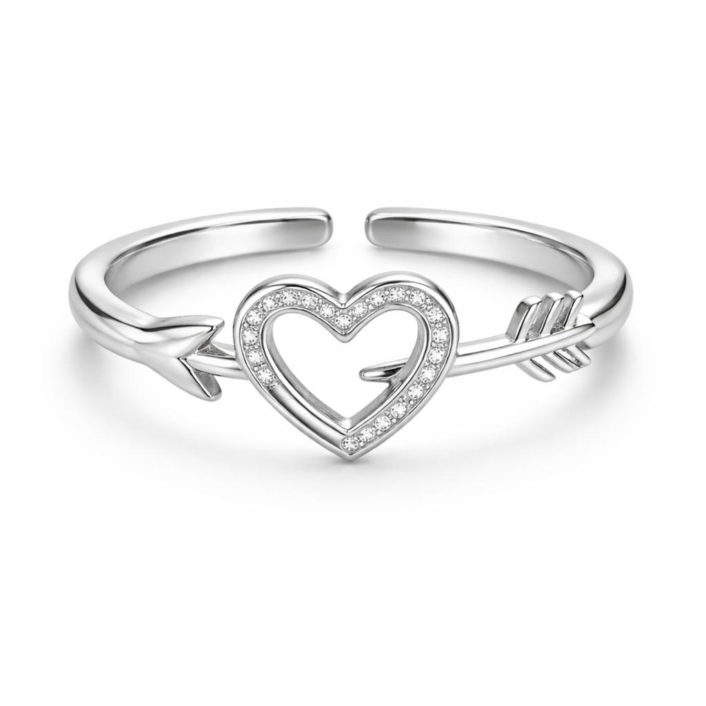 Heart Arrow Open Adjustable Ring – 925 Sterling Silver