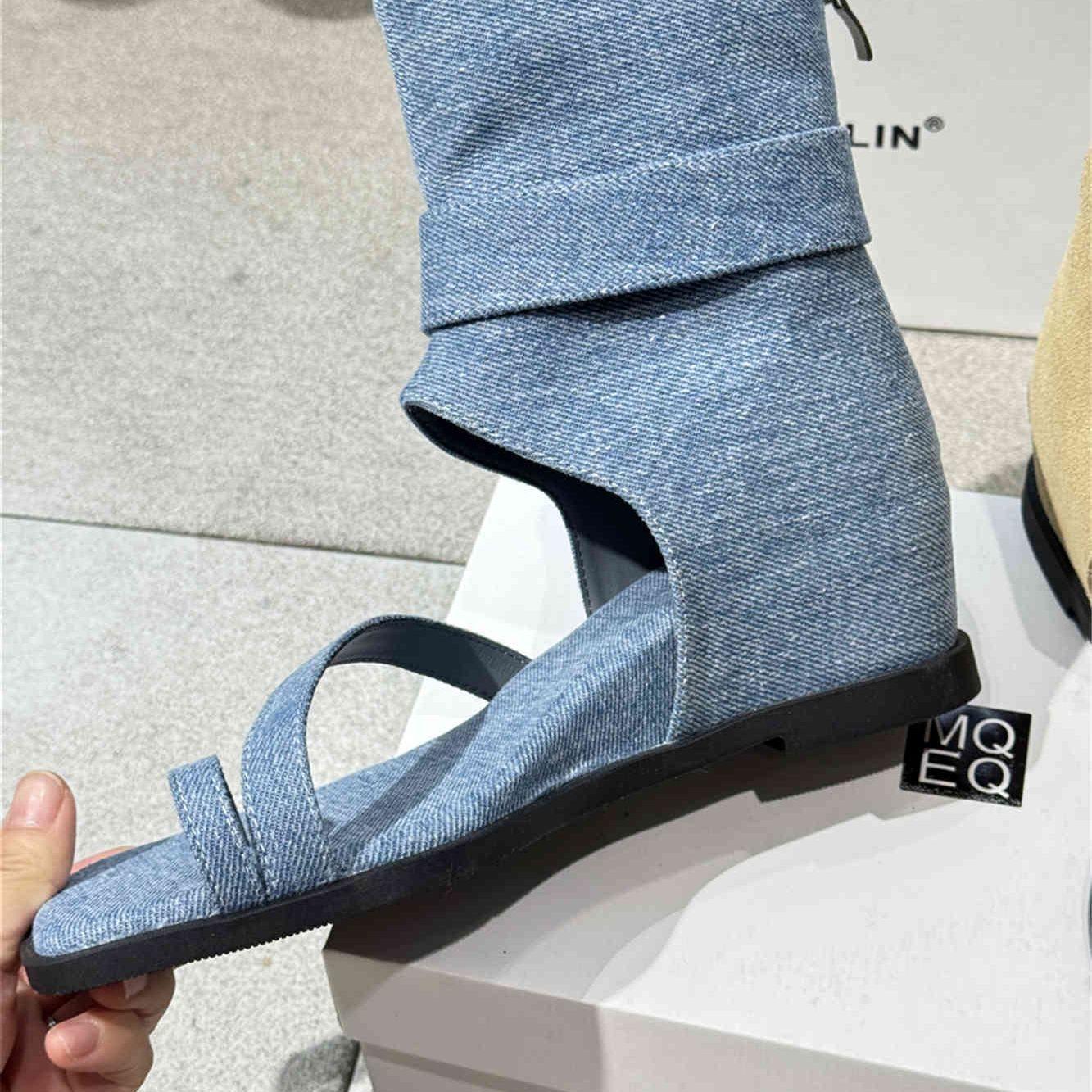 

Летние новые ретро квадратный носок, танкетка, ботинки на высоком голенище, летние женские сандалии, повседневная обувь для улицы 35 джинсовый синий