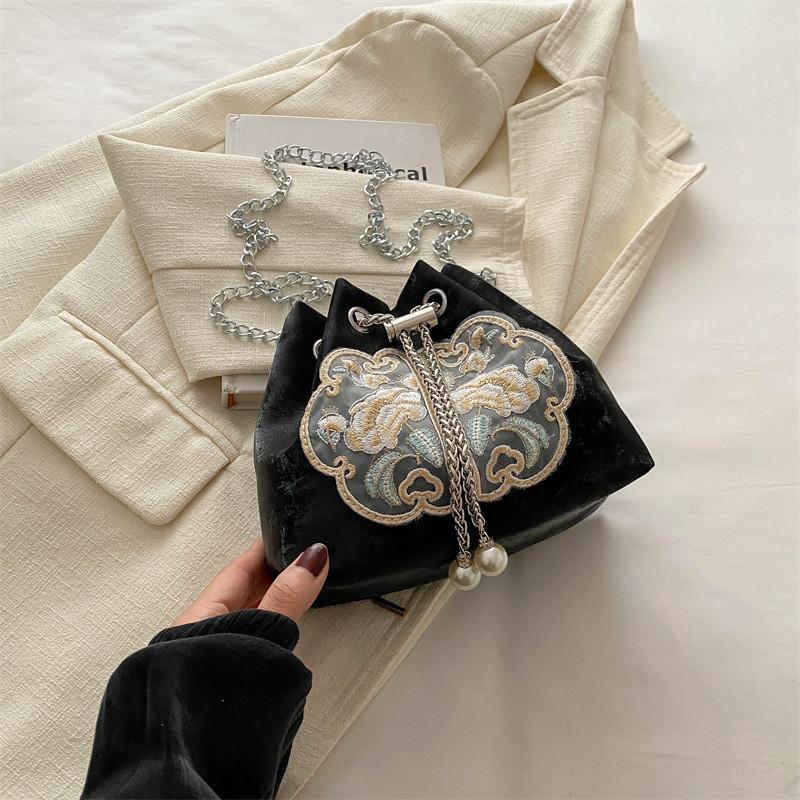 Trendy Street Style New Chinese Women s Bucket Bag 2024 Summer Chain Crossbody чёрный