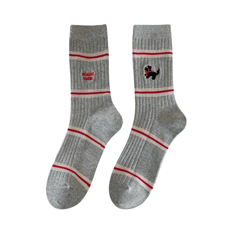 Female Autumn and Winter All Match Stripe Embroidery Cute Puppy Tube Pile Socks