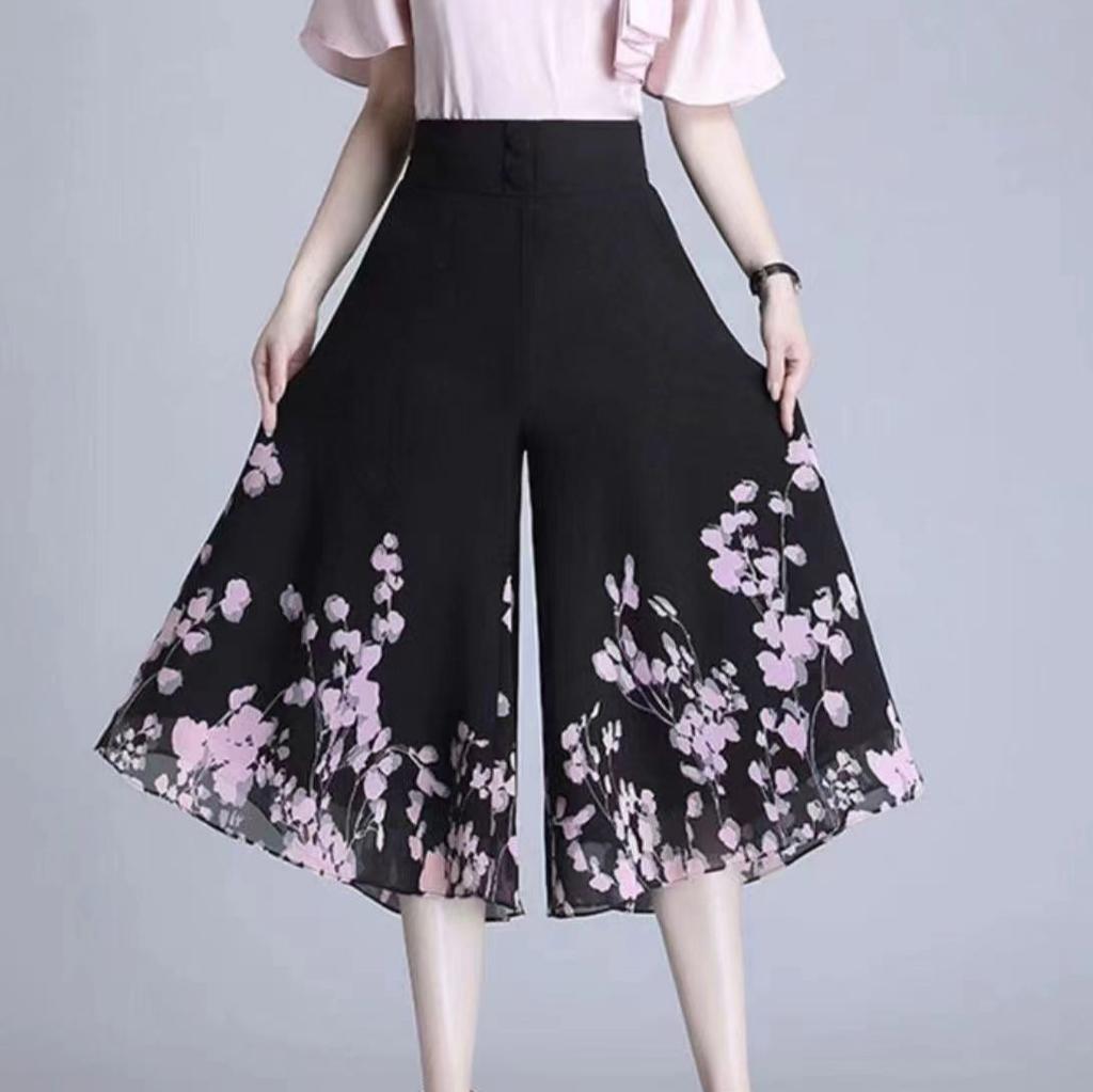 Summer Women's Thin Chiffon Printed High Waist Wide Leg Pants Casual Skirt Pants Commute Sle Korean Faion