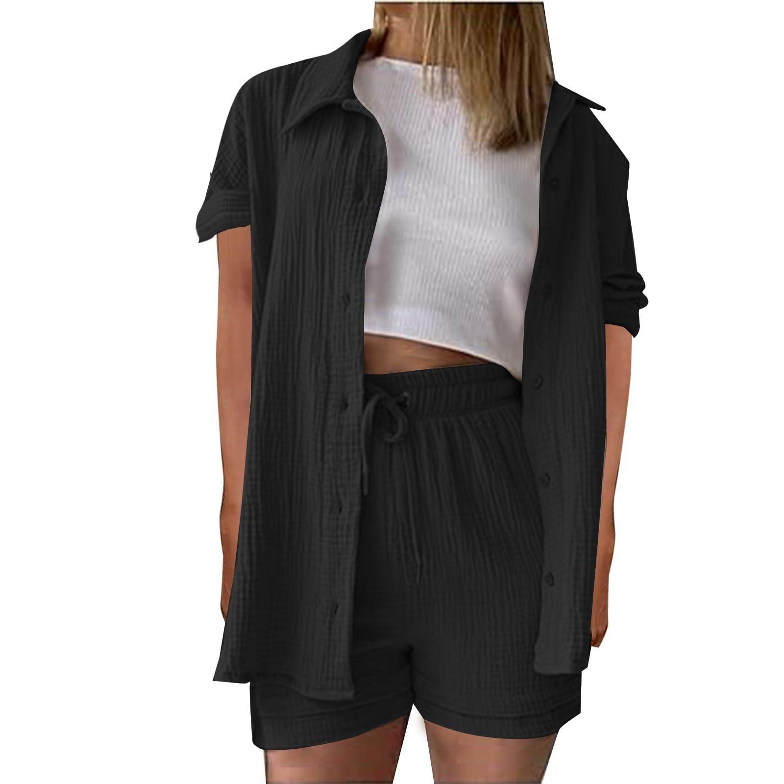 

Women s Casual And Fashionable Solid Color Lapel Short Sleeved Shirt Top, High Waisted Drawstring Shorts Set L чорний