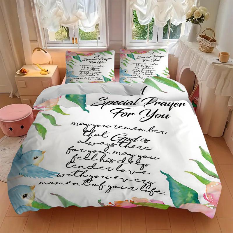 3pcs A Special Prayer for You Printed Quilt Set, Includes 1 Quilt Cover and 2 Pillowcases
