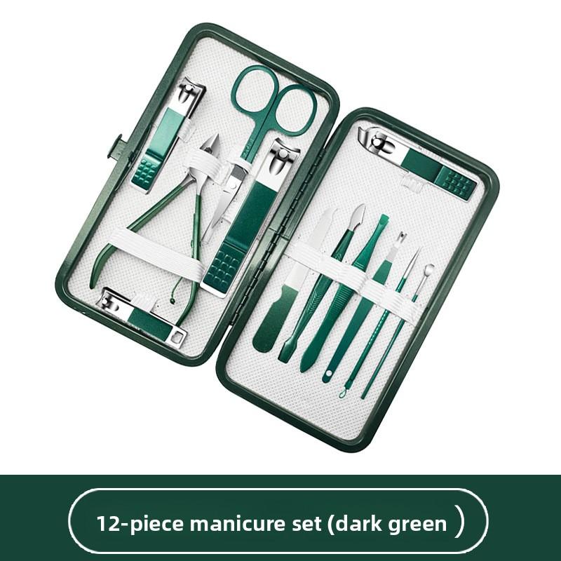 Dark Green 12-Piece Stainless Steel Manicure Nail Clippers Set with Dead Skin Clippers, Nail Scissors, Nail Tools