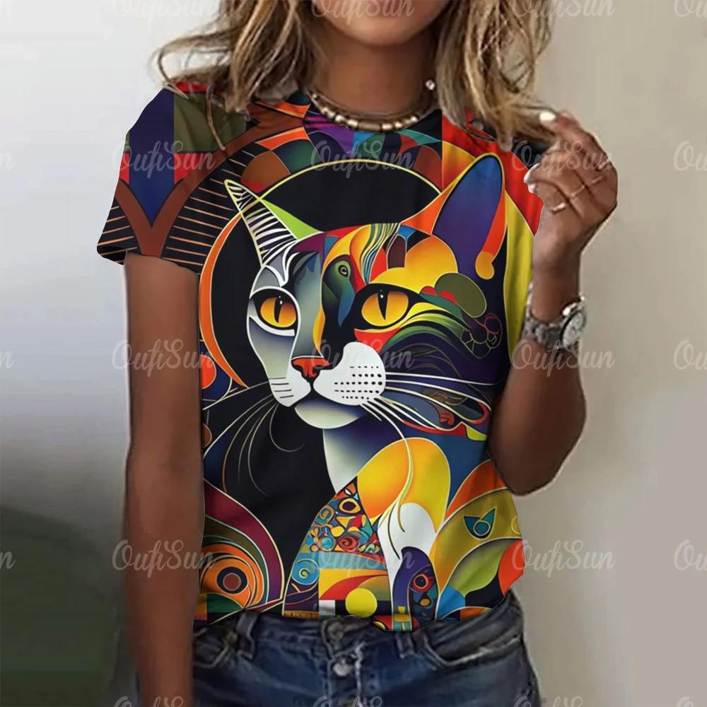 Summer Round Neck 3D Cat Printed Top Fashionable Casual Short Sleeved Women's T-shirts
