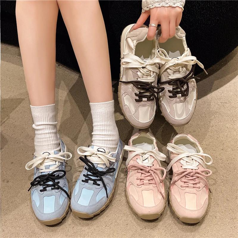 fashion Women's Shoes 2024 New Lace Up Women's Vulcanize Shoes Spring Autumn Solft Sole Mixed Colors Flat Casual Comfortable Sneakers