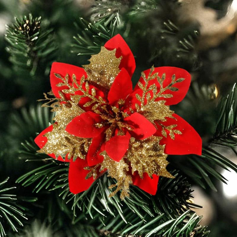 5Pcs Glitter Artifical Flowers 14Cm Fake Flowers Christmas Decoration Xmas Tree Ornament  Year Navidad 2026 Gift Accessory