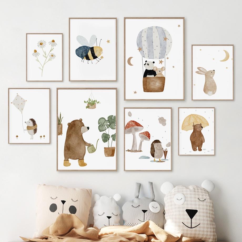 Cute Boho Animal Bear Hedgehog Koala Bee Rabbit Nursery Wall Art Canvas  Poster And Prints Baby Kids Room Decor