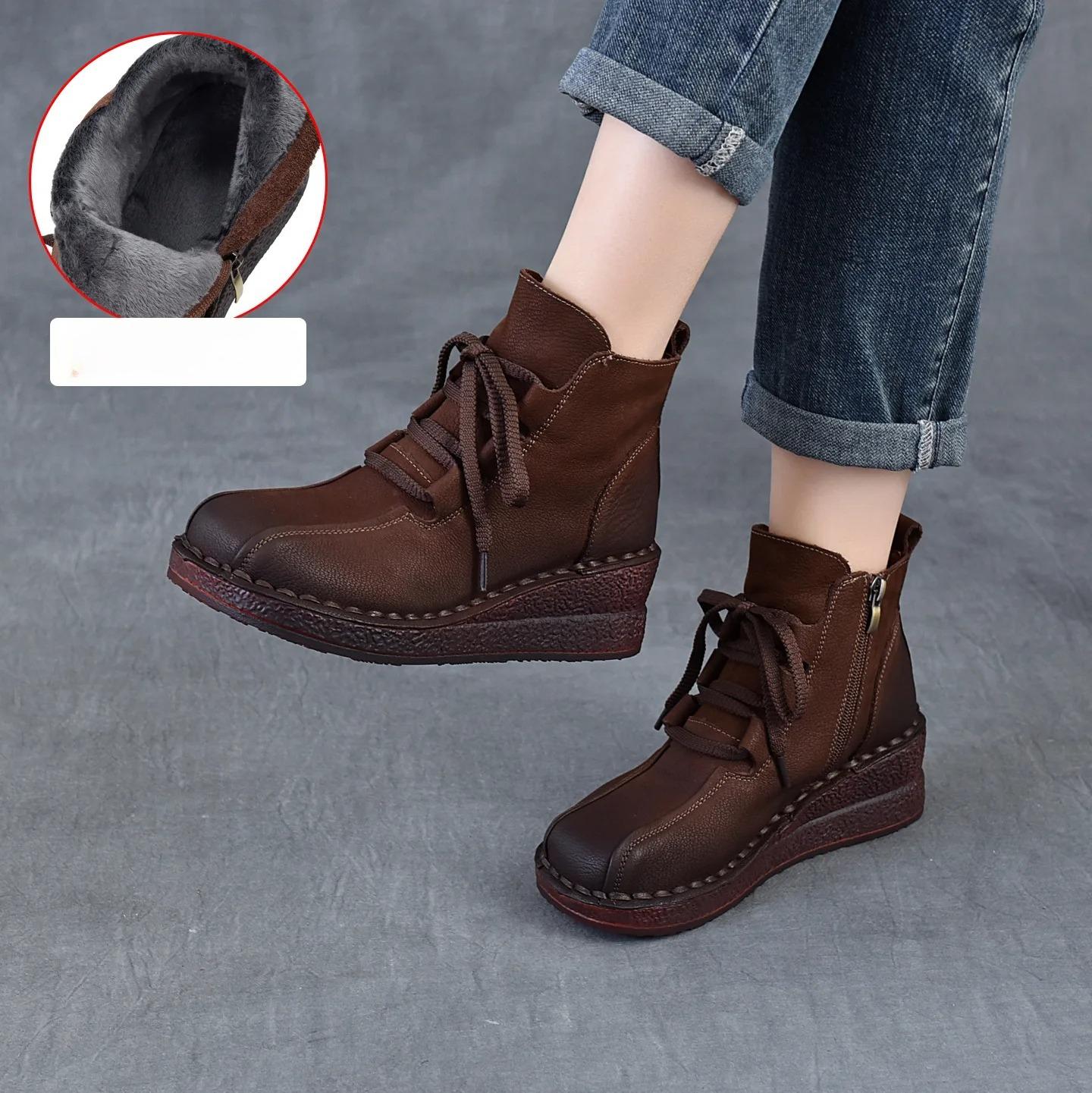 

Johnature Retro Wedges Soft Soled Short Boots Genuine Leather Plush Warm Women s Boots 40-Plush коричневий