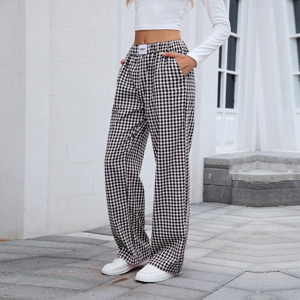 Women's Fashionable Checkered Elastic Waistband Loose Pocket Casual Pants