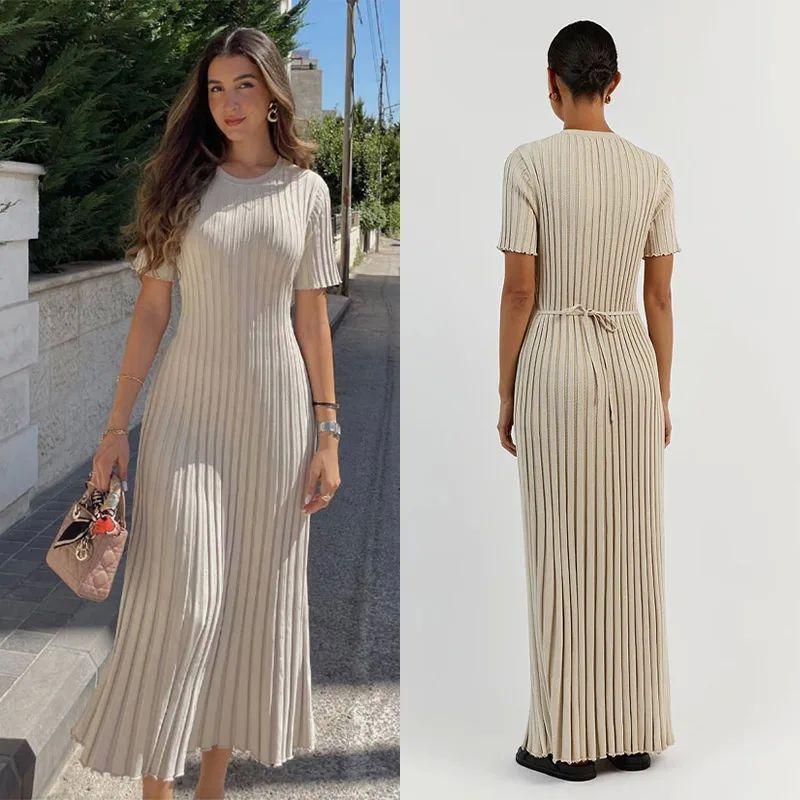 

Waist Cinched round Neck Knit Long Skirt Waist Hugging round Neck Knitted Long dress apricot L(L)