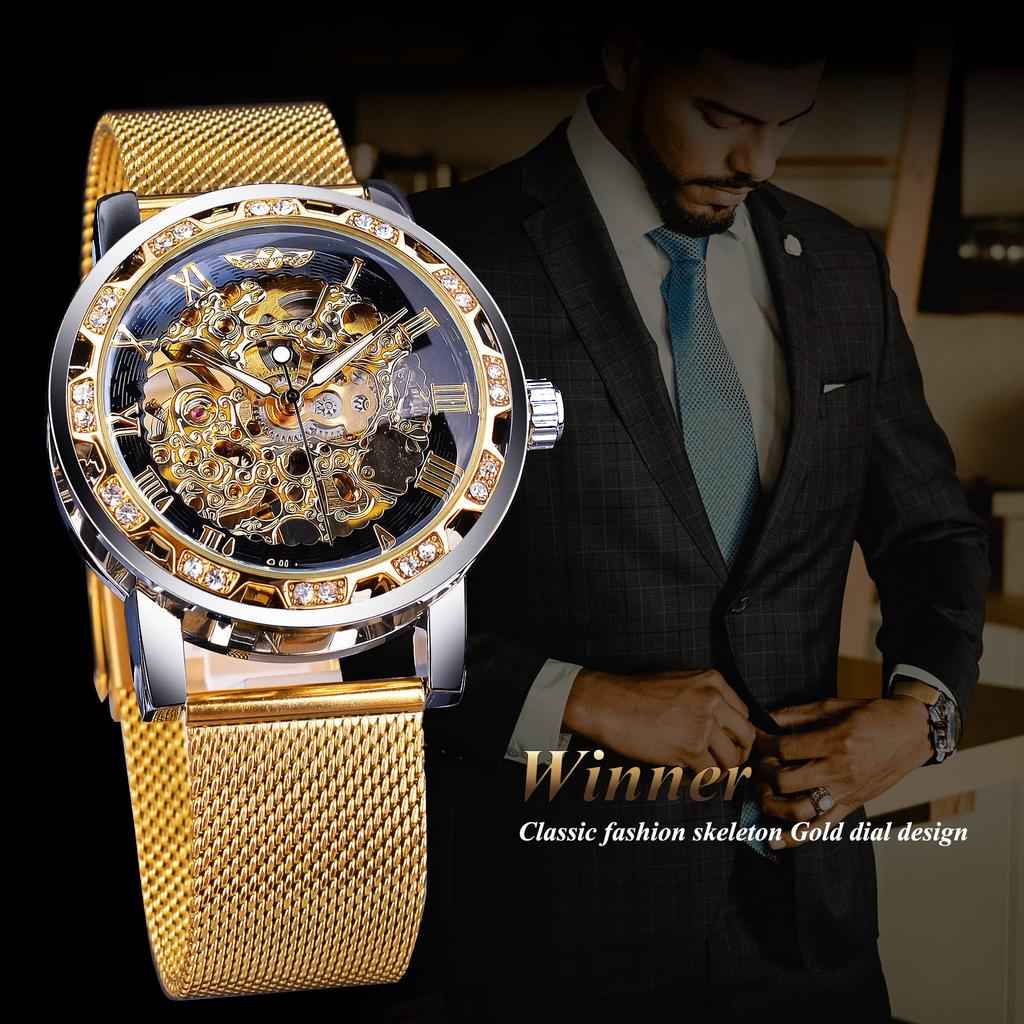 Forsining Winner Retro Manual Skeleton Watch Diamond Carving Flower Craft Men Gold Classic Roman Numerals