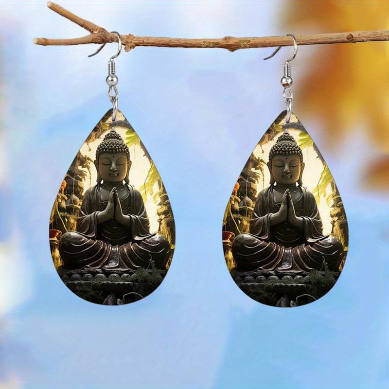 Retro Buddha Statue PU Leather Earrings Double-sided Pattern Print Water Drop Earrings Women Vintage Classic Earrings Simple Gifts for Friends