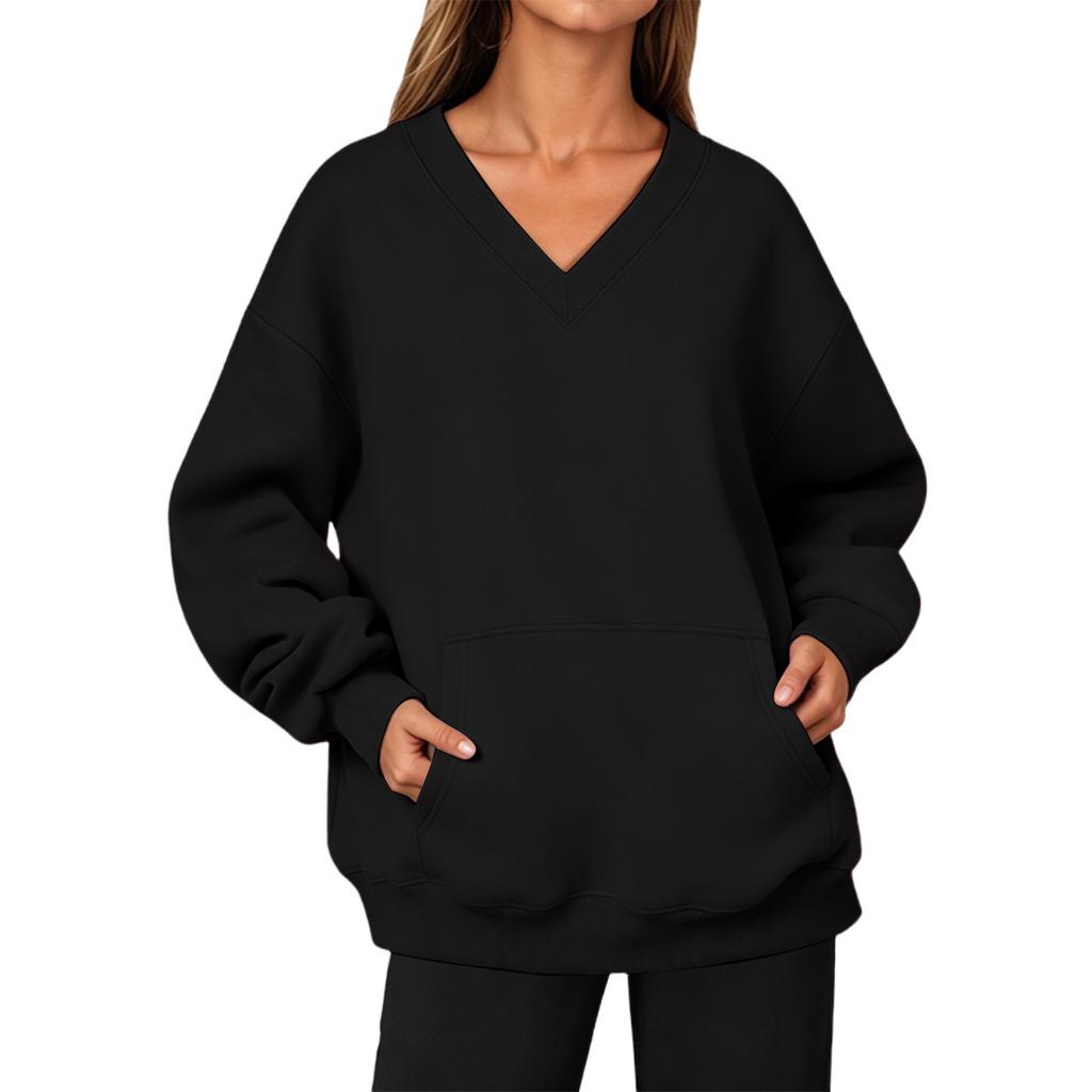 Women’s V Neck Long Pullover Sweatshirt with Pocket Loose Fit Casual Long Sleeve Top for Autumn and Winter
