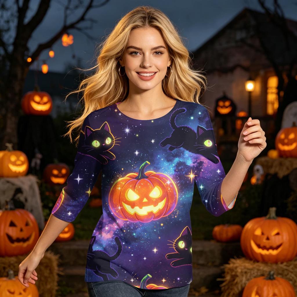 Women's Casual Halloween Print Three Quarter Sleeve Round Neck Top Lightweight Comfortable Fit for Everyday Wear