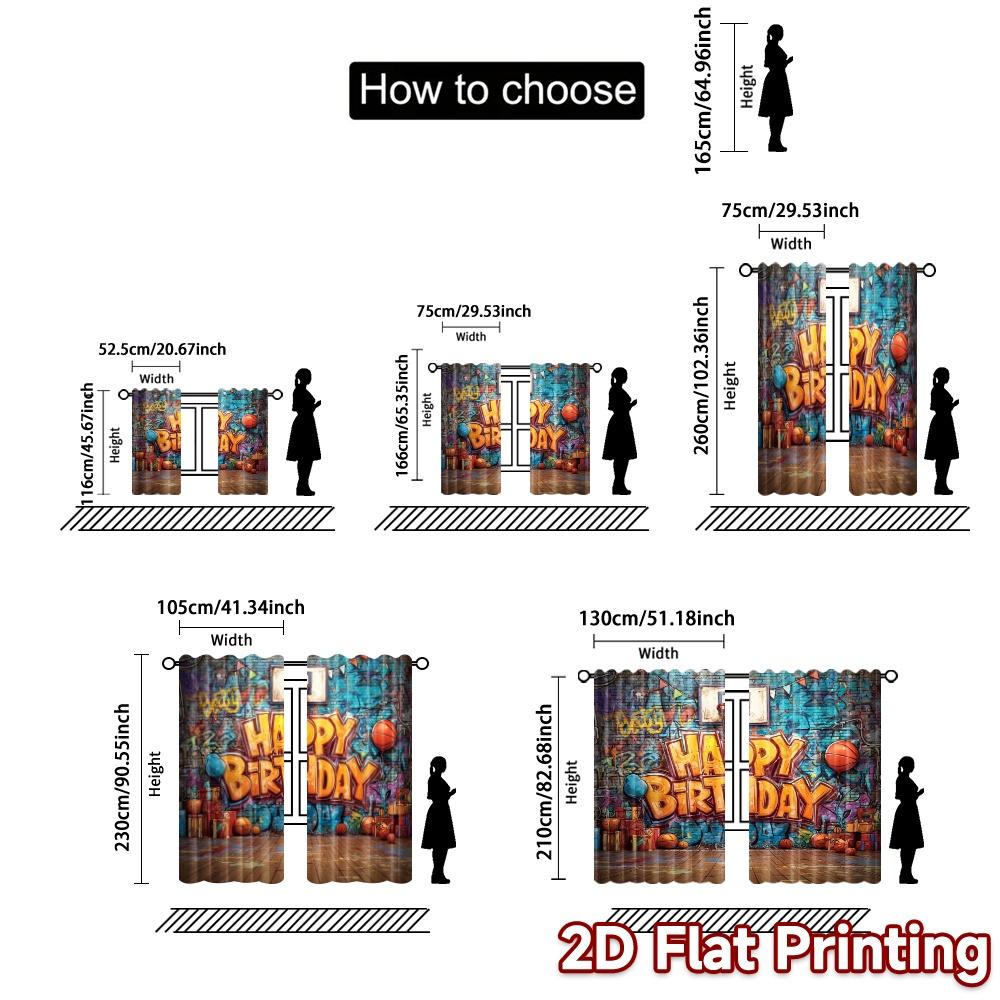 Set Of 2 Flat Printing Curtains Without Rod Birthday Hoops Polyester Easy Install Gifts Modern Made